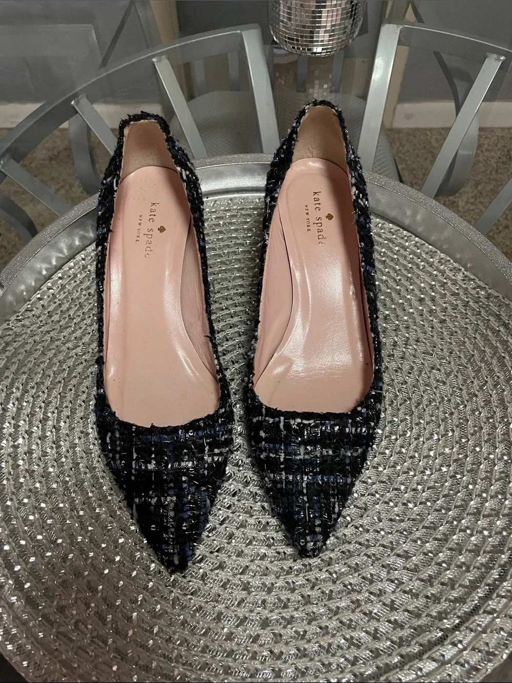 kate spade Black & Navy Tweed with Silver Pointed Toe Block Heels Size 9